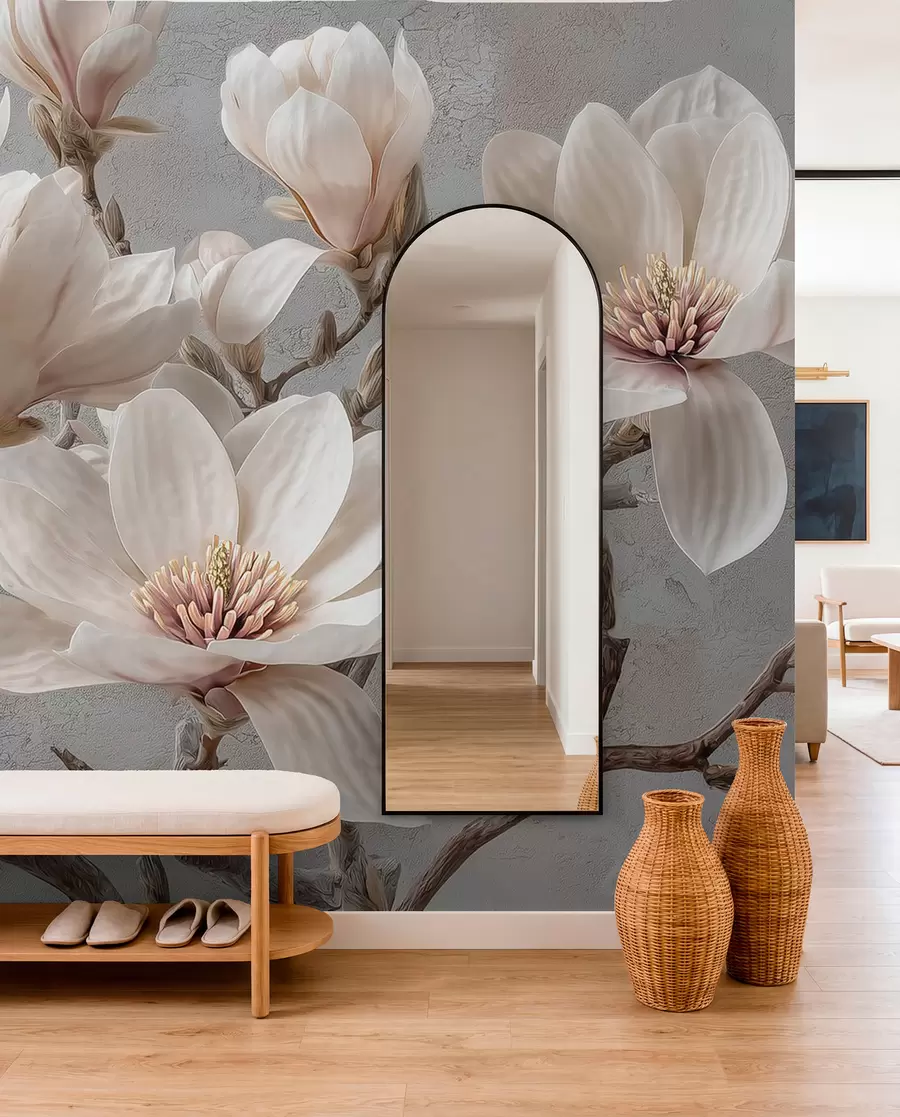 fototapet Ramuri de magnolie cu flori mari de lumină în tonuri atenuate w09305