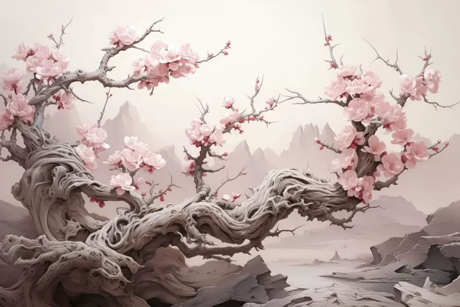 fototapet Trunchi de copac răsucit cu sakura roz înflorit w09388