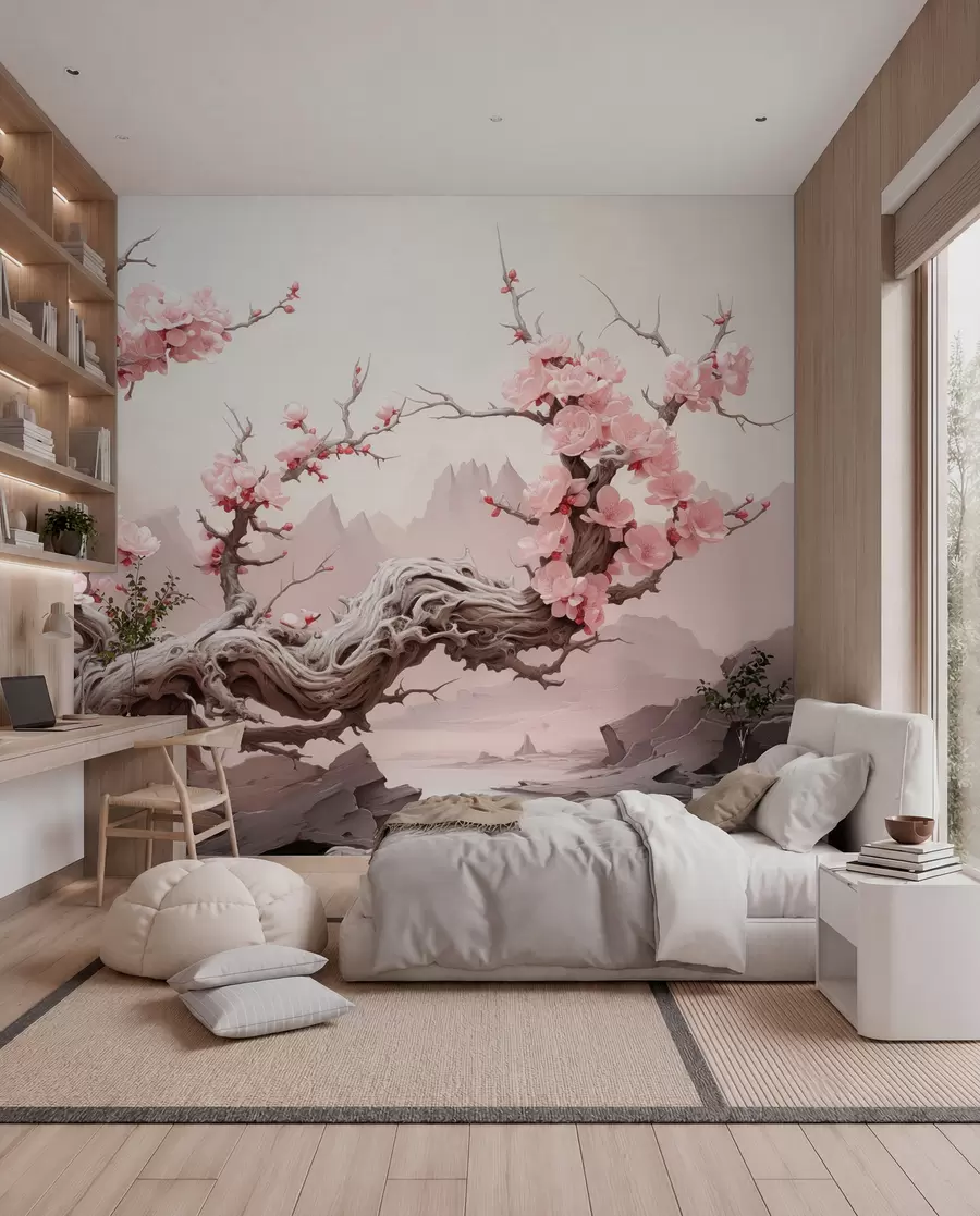 fototapet Trunchi de copac răsucit cu sakura roz înflorit w09388