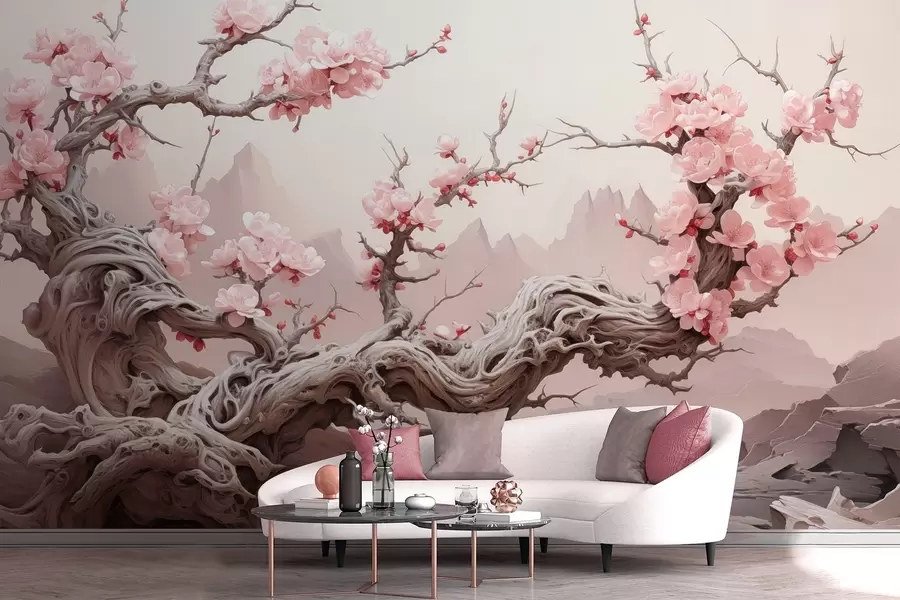 fototapet Trunchi de copac răsucit cu sakura roz înflorit w09388
