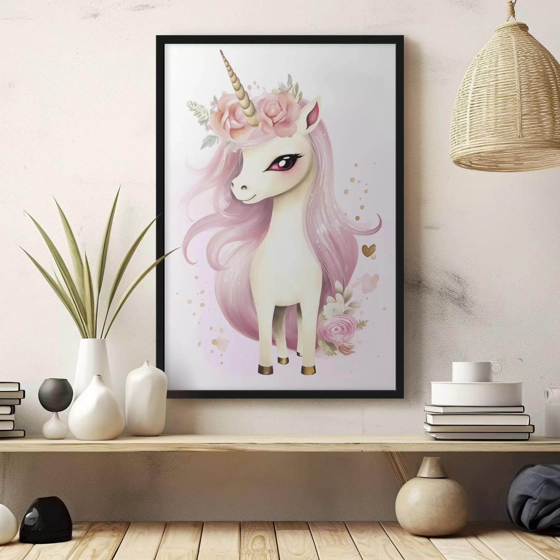 fototapet Unicorn cu coamă roz și coroană florală f45484