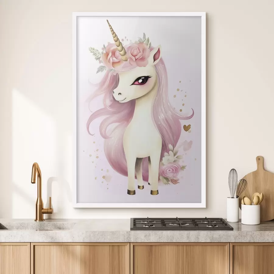 fototapet Unicorn cu coamă roz și coroană florală f45484