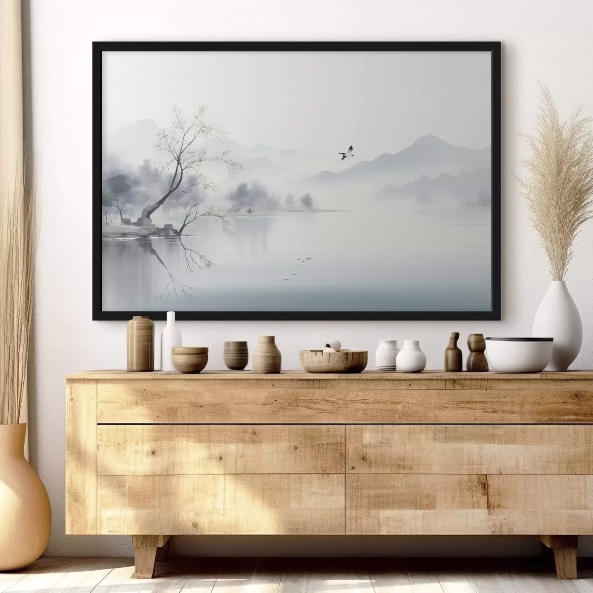 Poster Peisaj cețos cu un copac, munți și păsări f45518