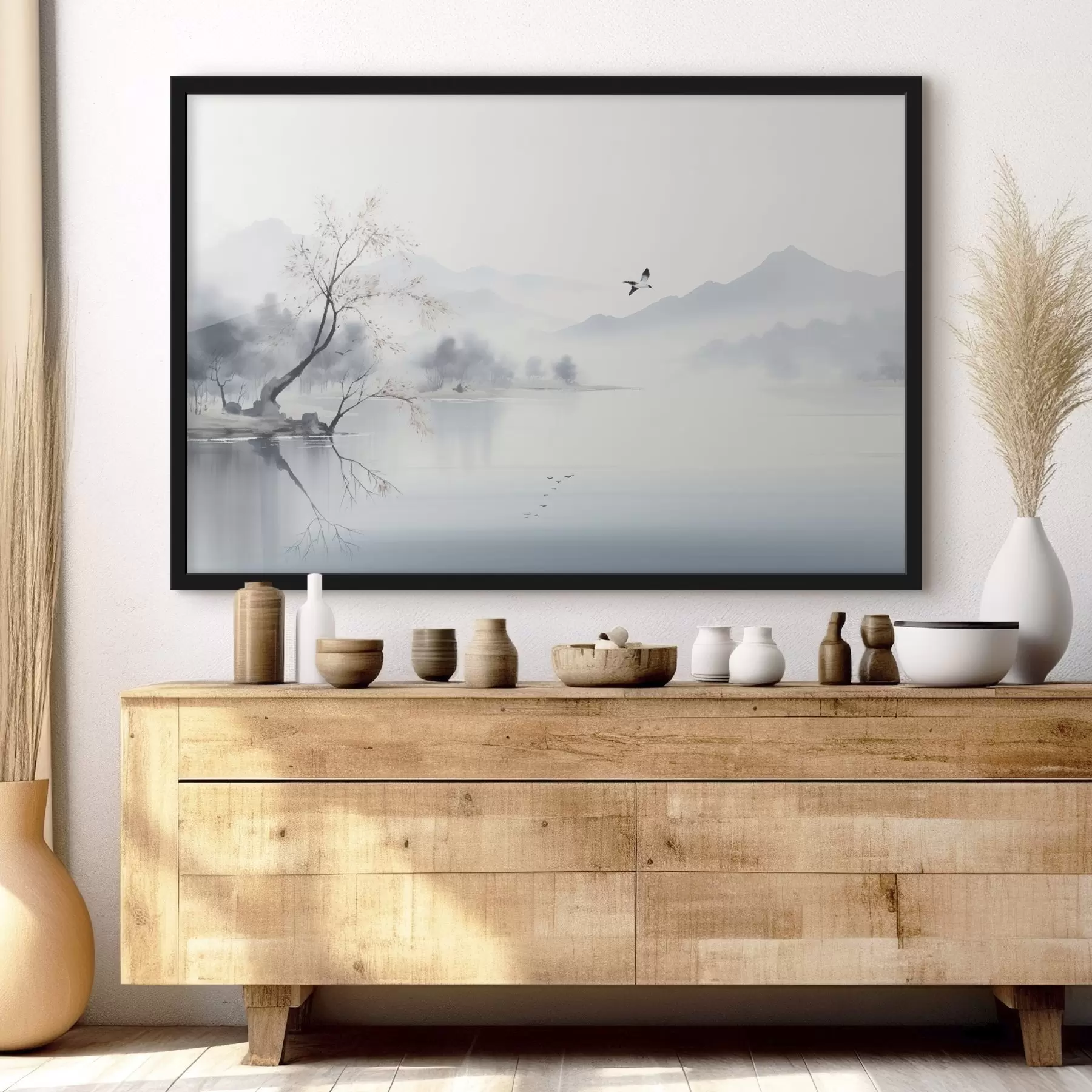 fototapet Peisaj cețos cu un copac, munți și păsări f45518