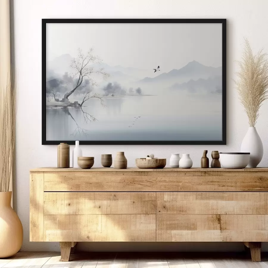 fototapet Peisaj cețos cu un copac, munți și păsări f45518