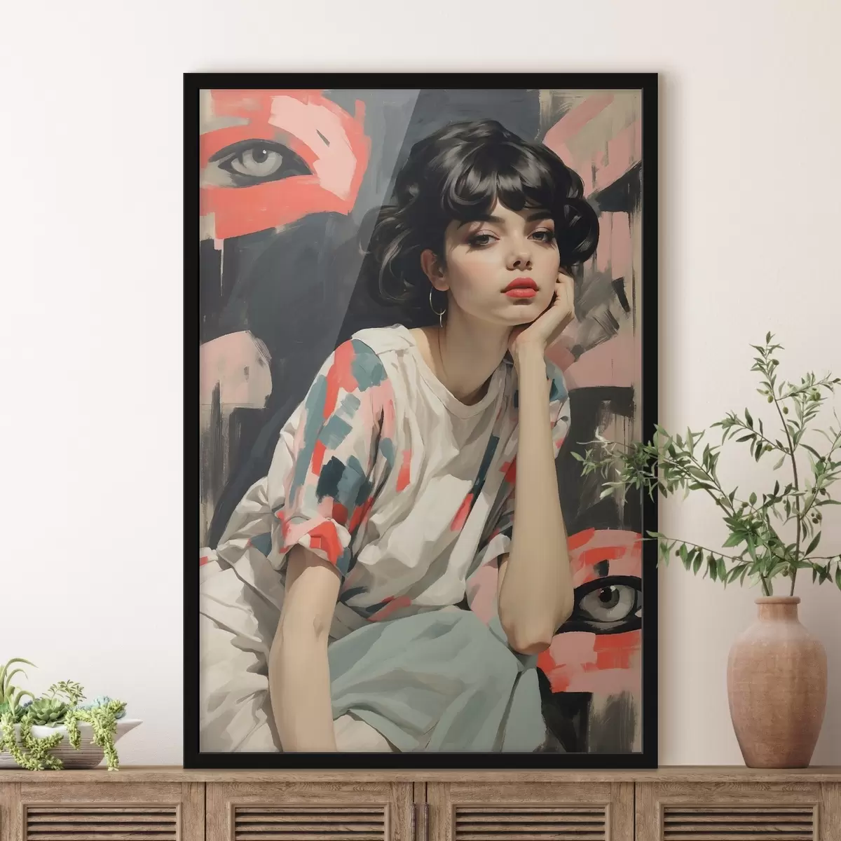 Poster Portret de fată pe un fundal cu ochi și lovituri abstracte f45623