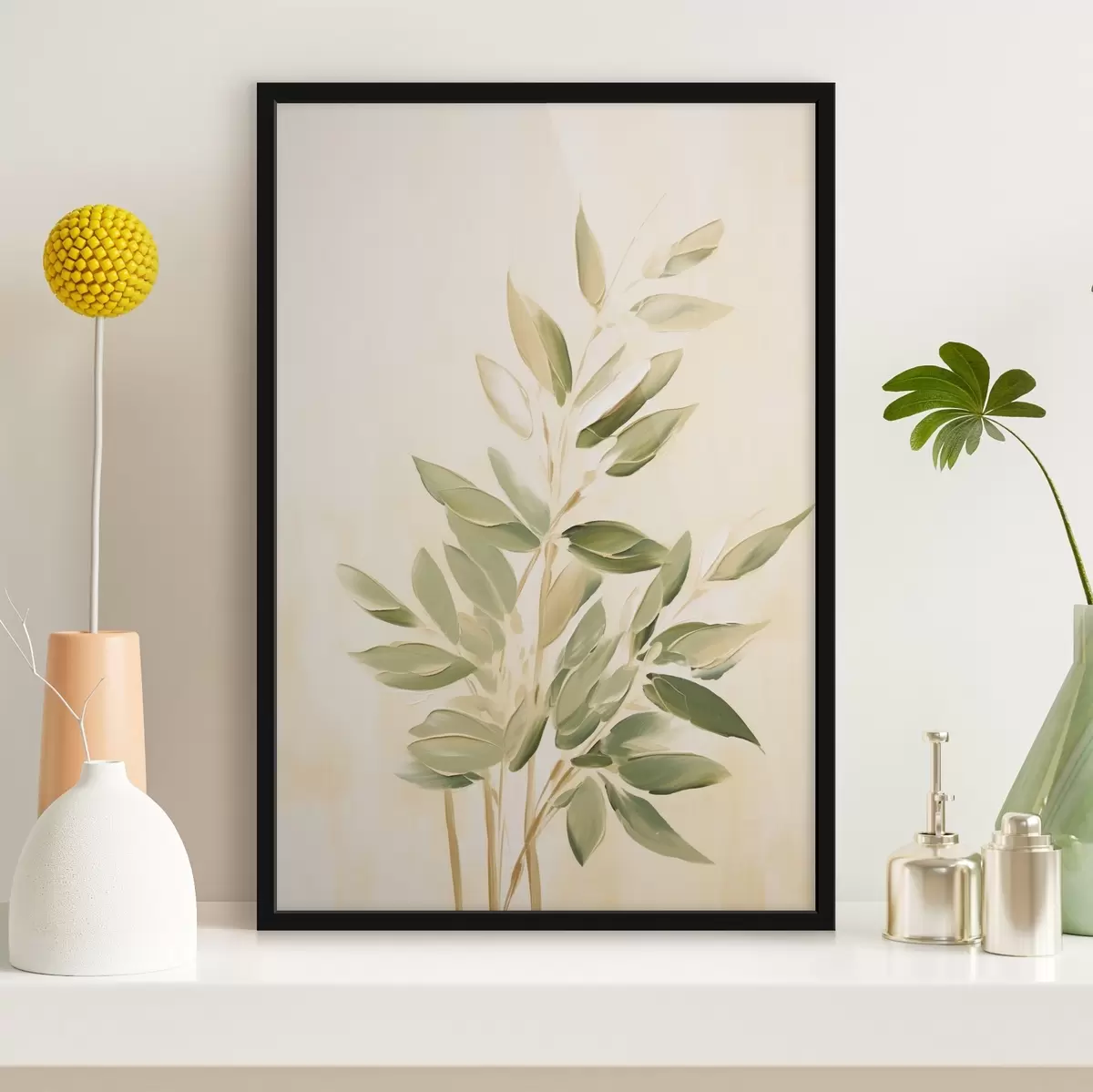 Poster Creangă cu frunze verzi pe un fundal bej deschis f45689
