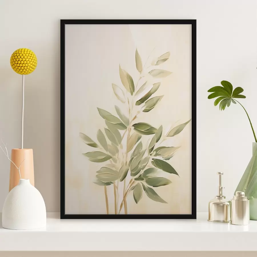 fototapet Creangă cu frunze verzi pe un fundal bej deschis f45689