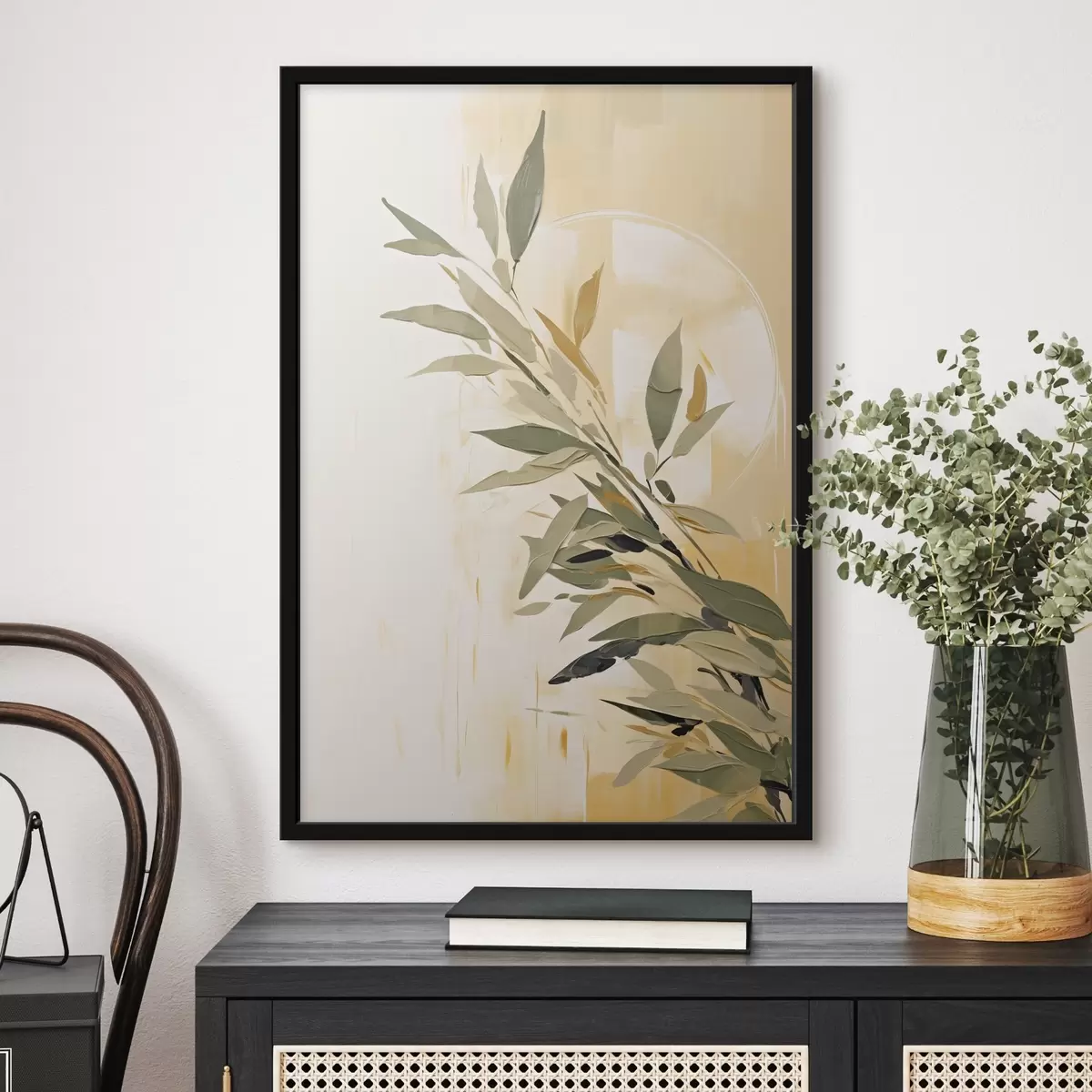 Poster Ramură botanică cu frunze verzi pe un fundal cald f45690