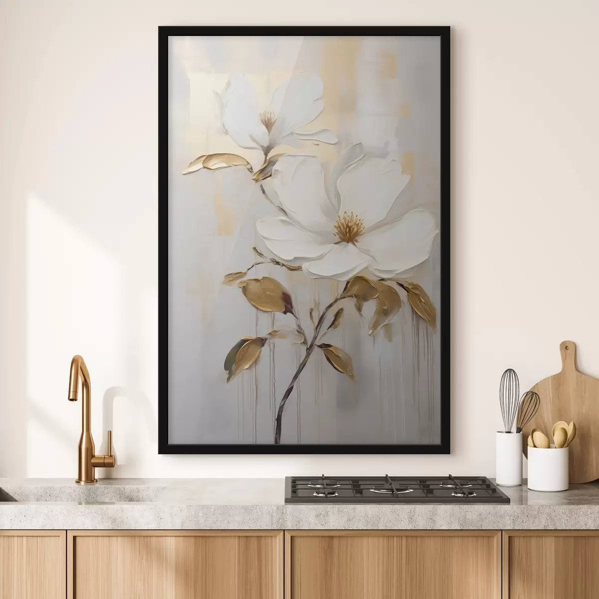 Poster Două flori albe cu frunze galben-portocalii pe un fundal deschis f45691