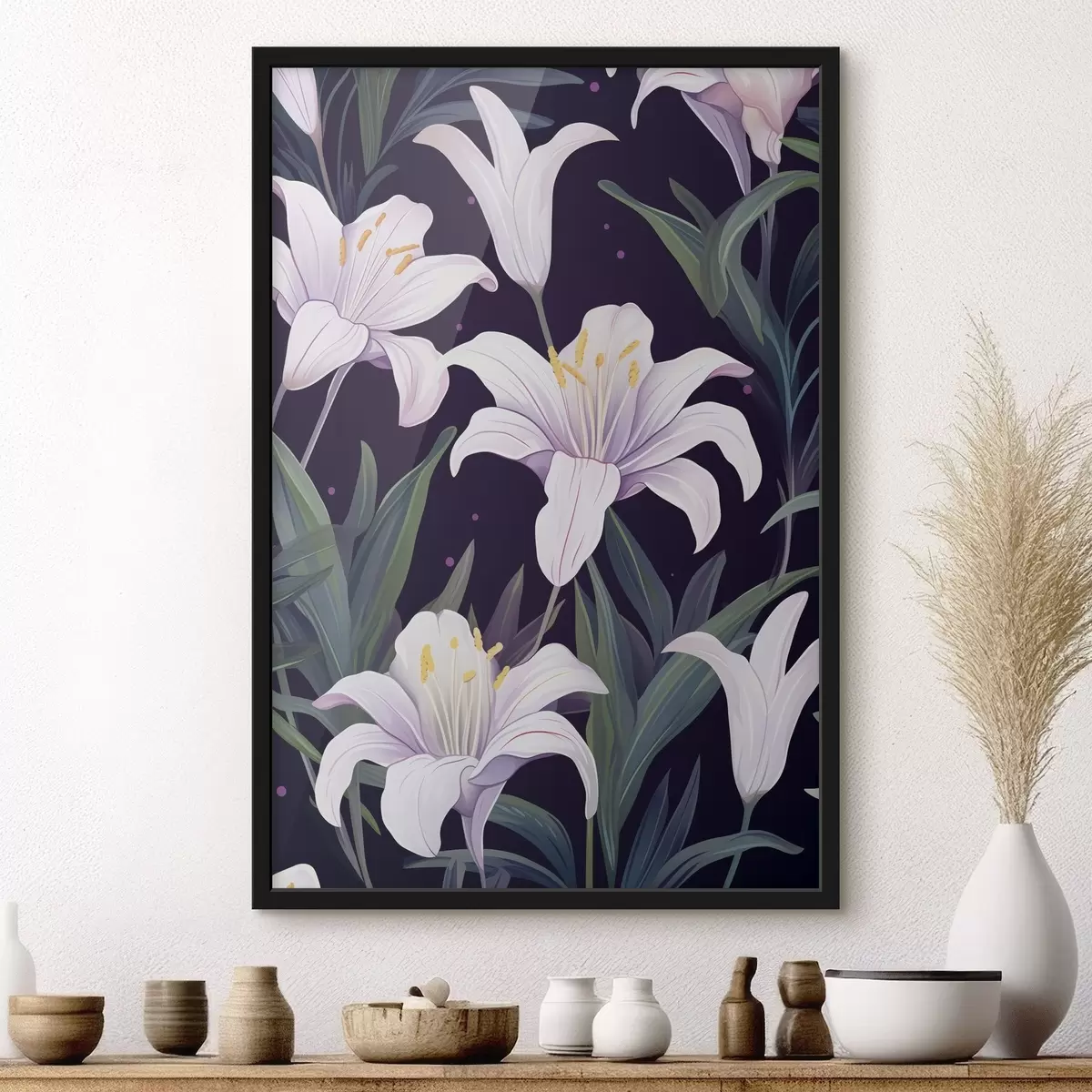 Poster Crini delicați pe un fundal închis cu frunze verzi f45697