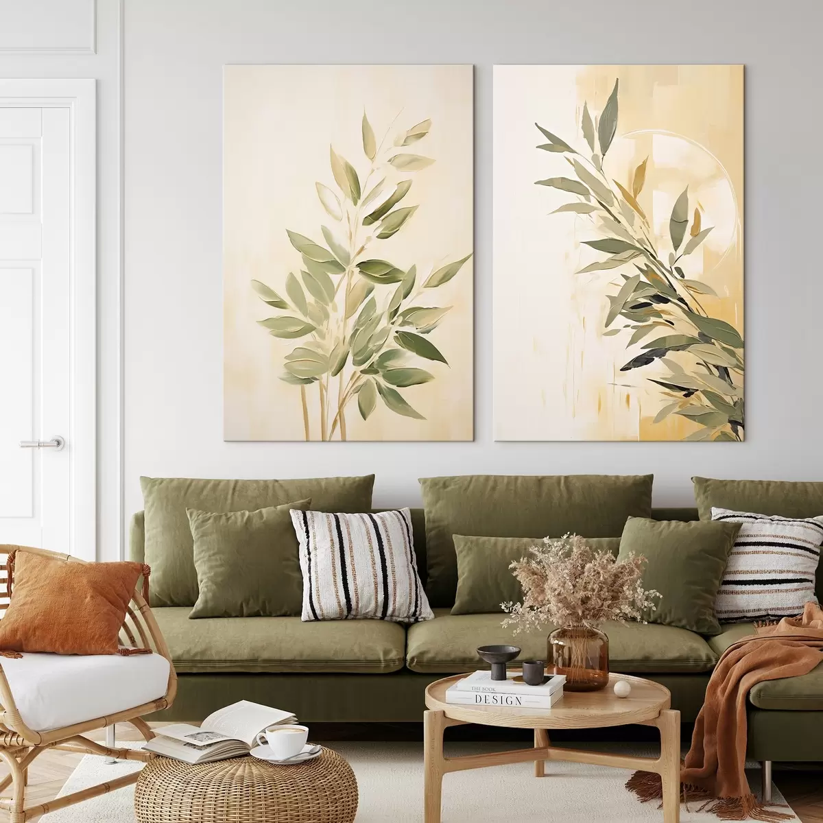 Tablouri Ramură botanică cu frunze verzi pe un fundal cald m00686