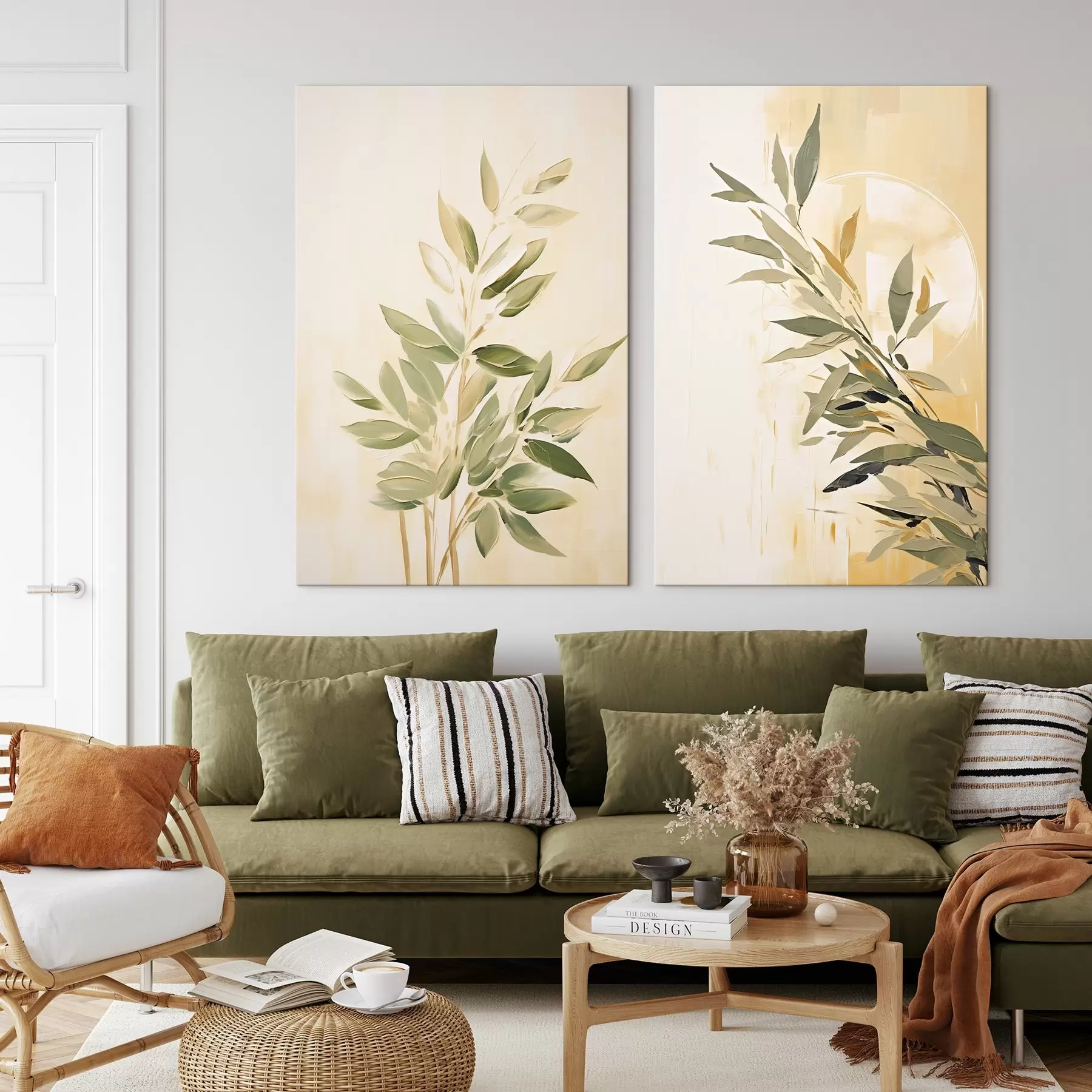 Tablouri Ramură botanică cu frunze verzi pe un fundal cald m00686