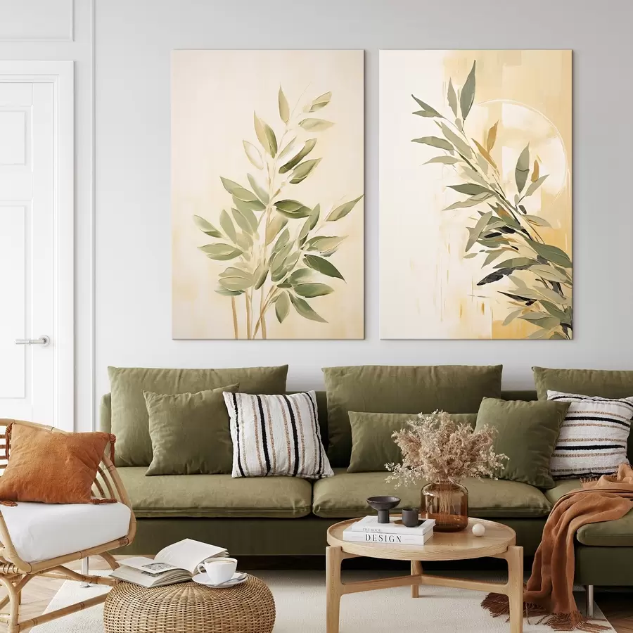 Tablouri Ramură botanică cu frunze verzi pe un fundal cald m00686