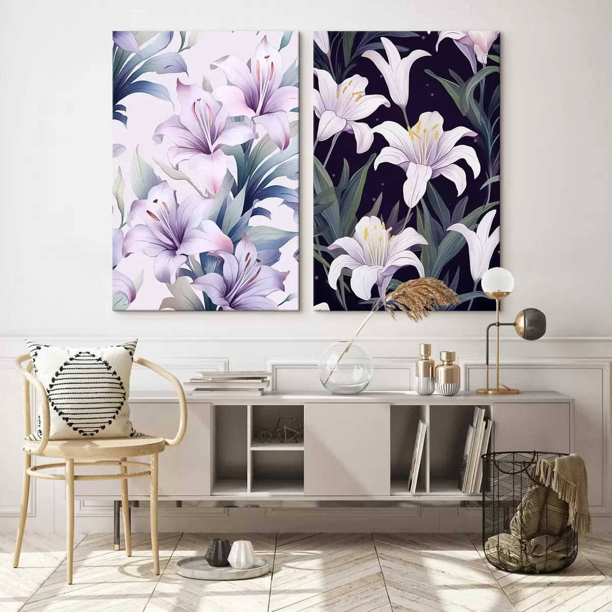 Tablouri Crini roz delicat cu frunze verzi pe fundal deschis și închis m00689