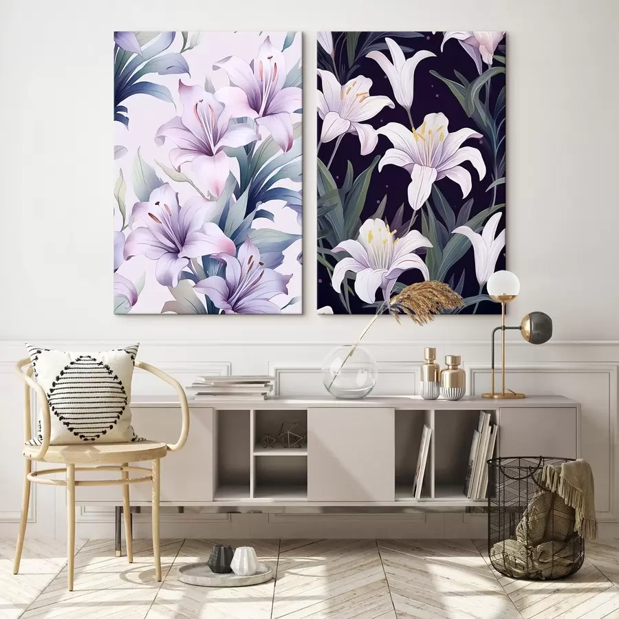 Tablouri Crini roz delicat cu frunze verzi pe fundal deschis și închis m00689