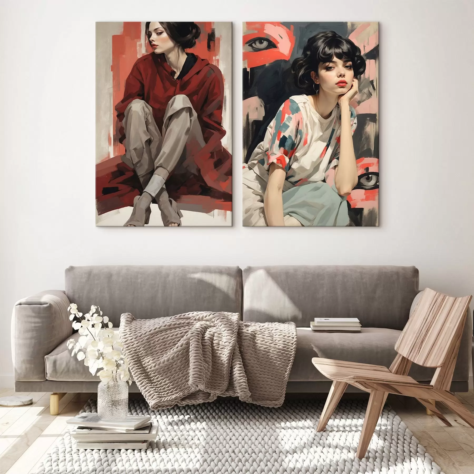 Tablouri Portrete de fete în roșu și bej stiluri abstracte m00695