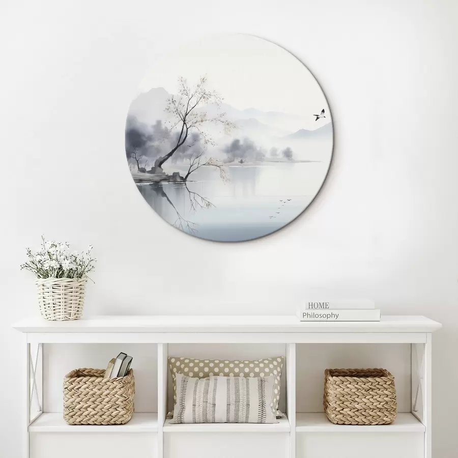 Tablouri Peisaj cețos cu un copac, munți și păsări r45518