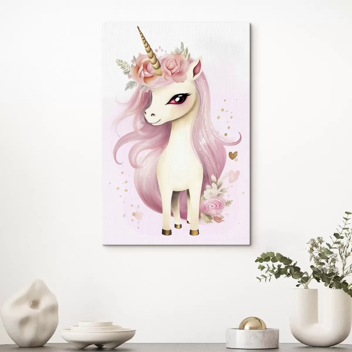 Tablouri Unicorn cu coamă roz și coroană florală s45484
