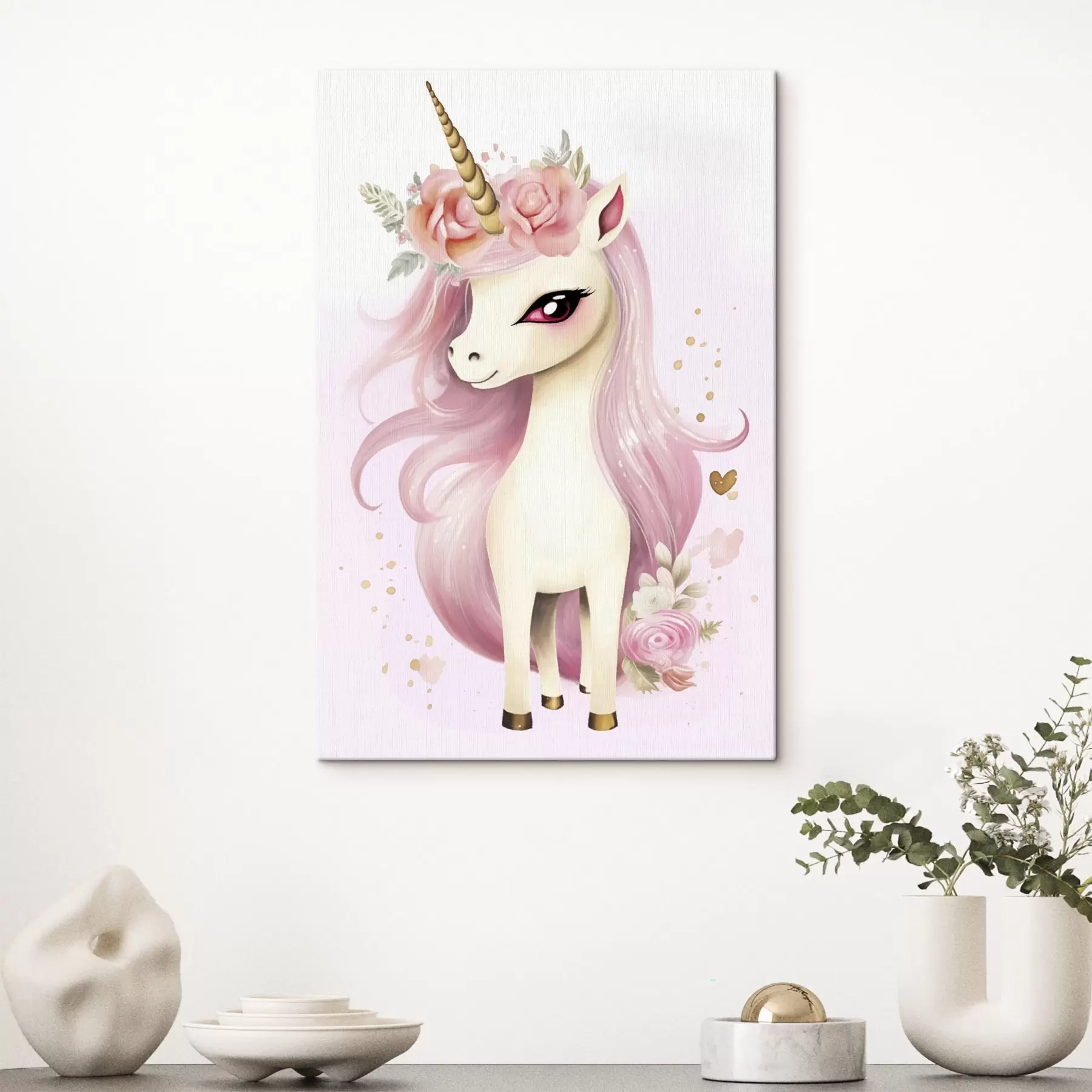 Tablouri Unicorn cu coamă roz și coroană florală s45484