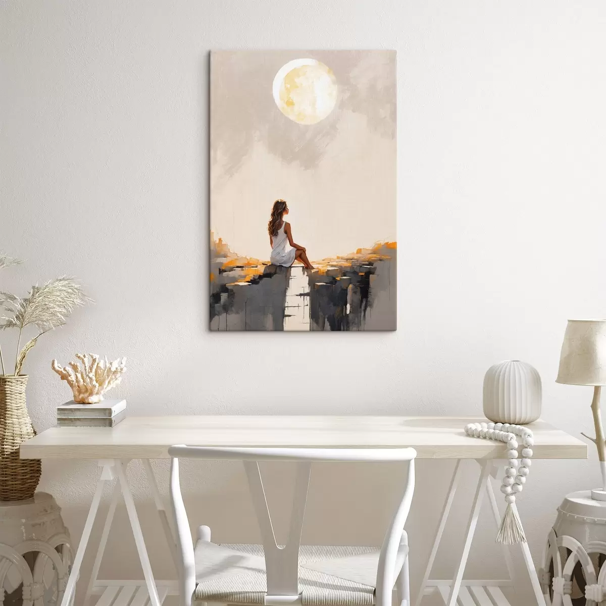 Tablouri Fată într-o rochie albă stând sub o lună mare s45621