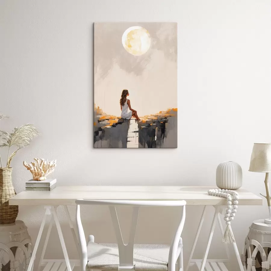 Tablouri Fată într-o rochie albă stând sub o lună mare s45621