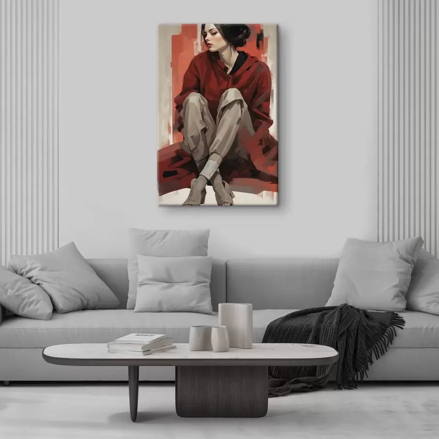 Tablouri Fată în mantie roșie stând cu picioarele îndoite s45624