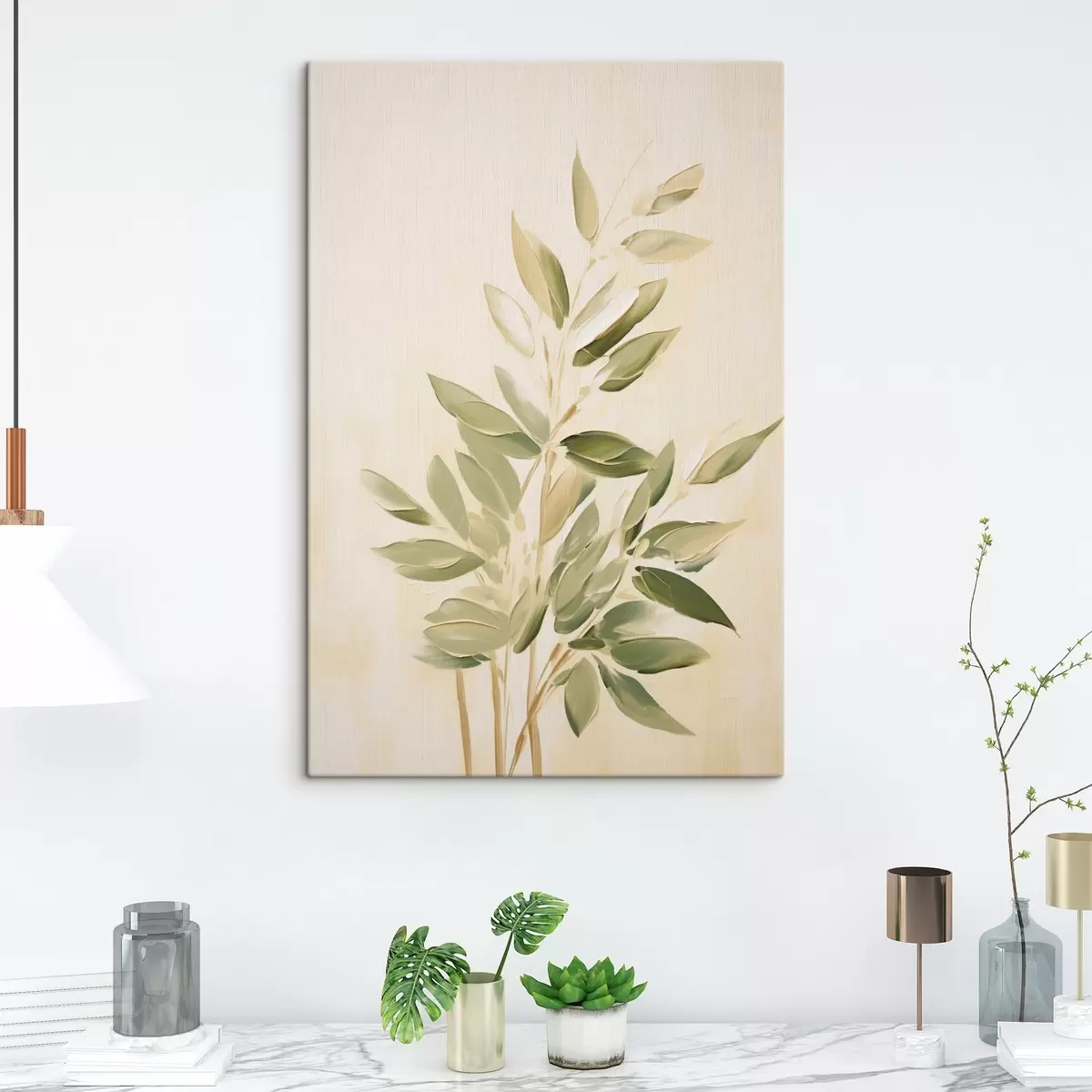 Tablouri Creangă cu frunze verzi pe un fundal bej deschis s45689
