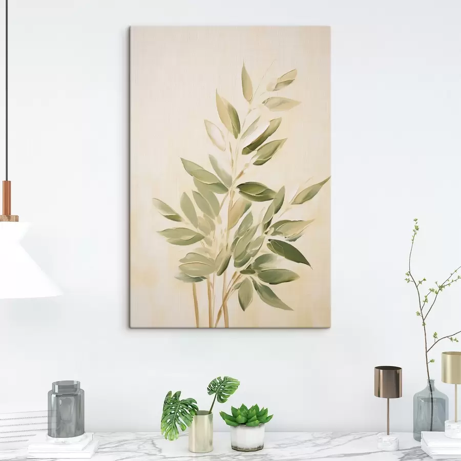 Tablouri Creangă cu frunze verzi pe un fundal bej deschis s45689