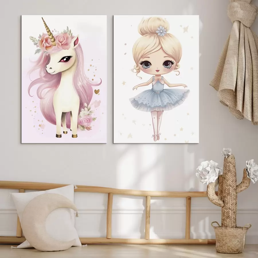 Tablouri Păpușă balerină în rochie albastră și unicorn cu coamă roz m00692