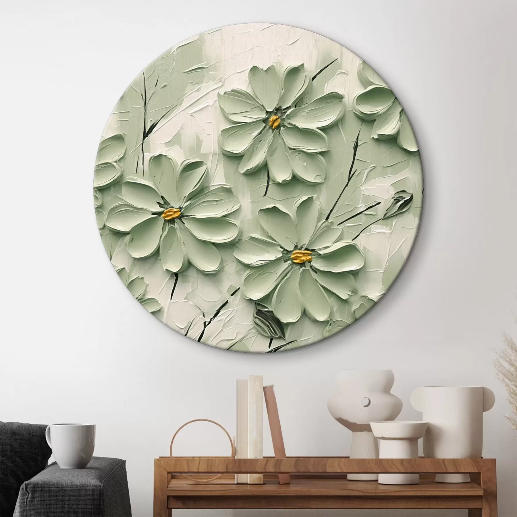 Tablouri Flori verzi cu centre galbene pictate în tușe groase pe un fundal deschis r45265