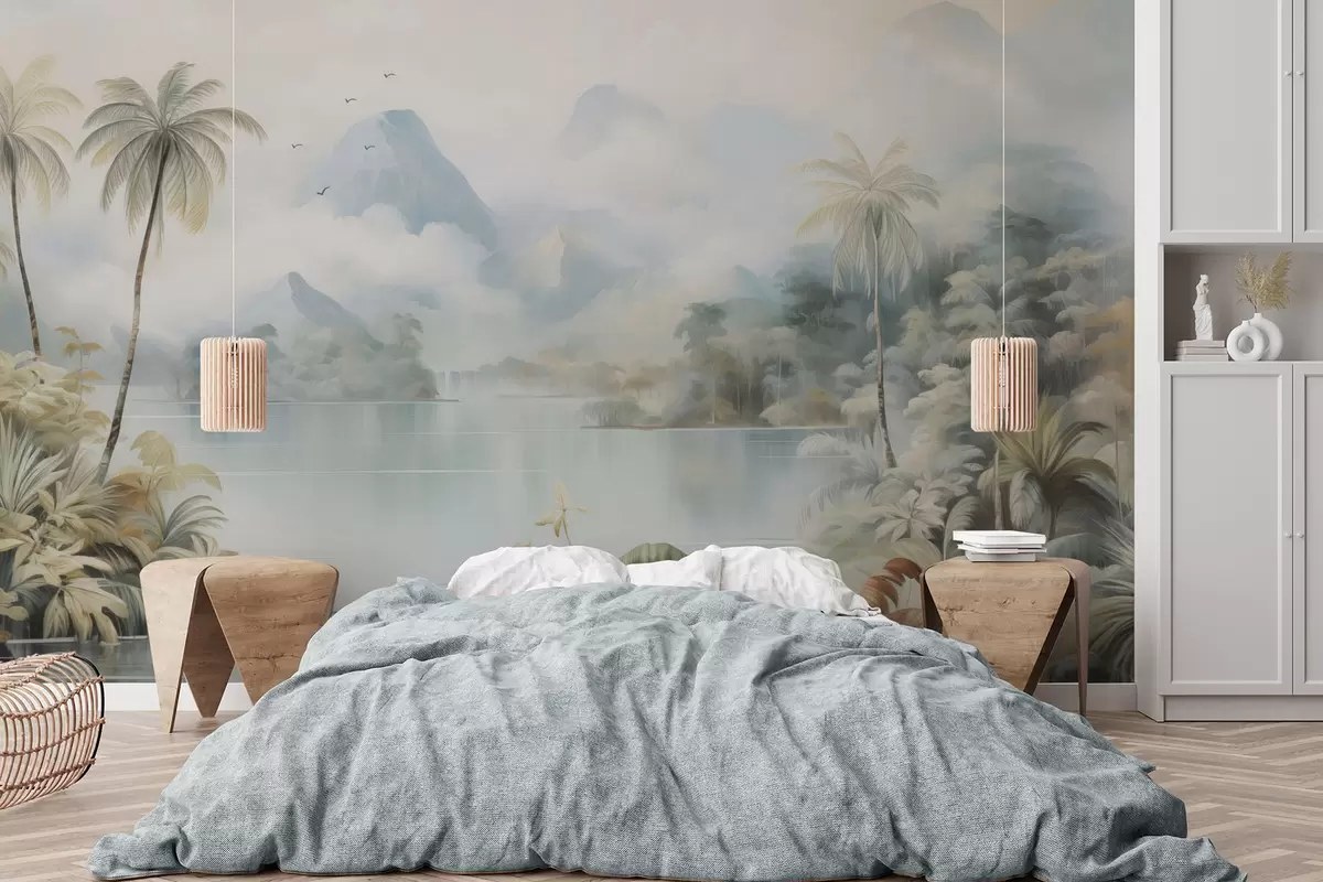 fototapet Râu în junglă, lângă munți w04536