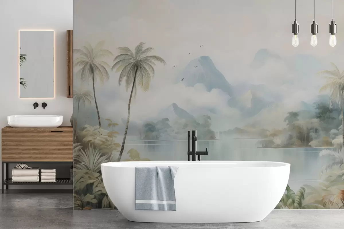 fototapet Râu în junglă, lângă munți w04536