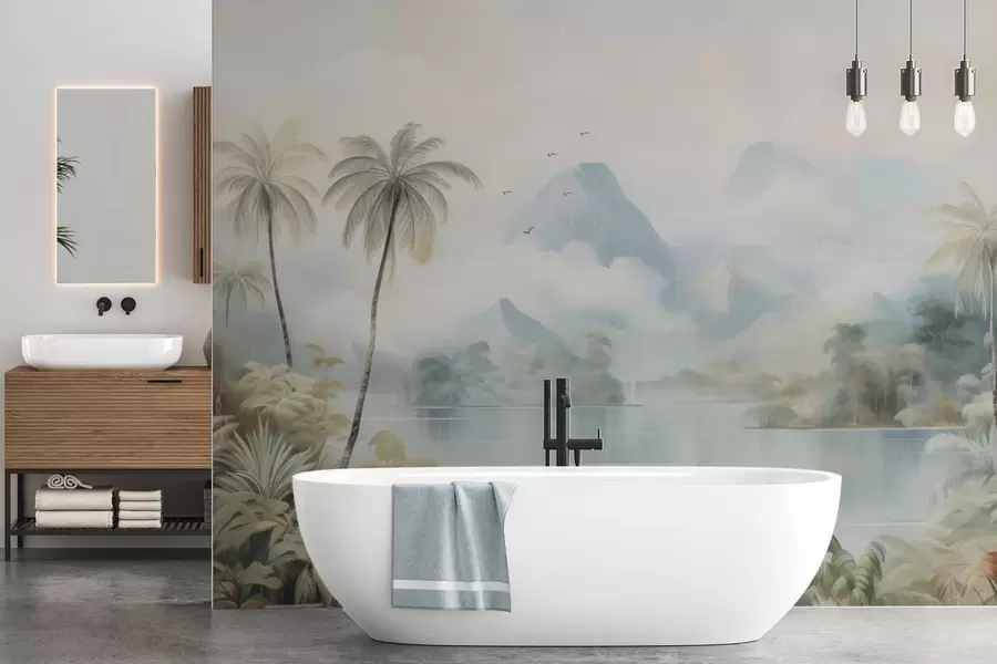 fototapet Râu în junglă, lângă munți w04536