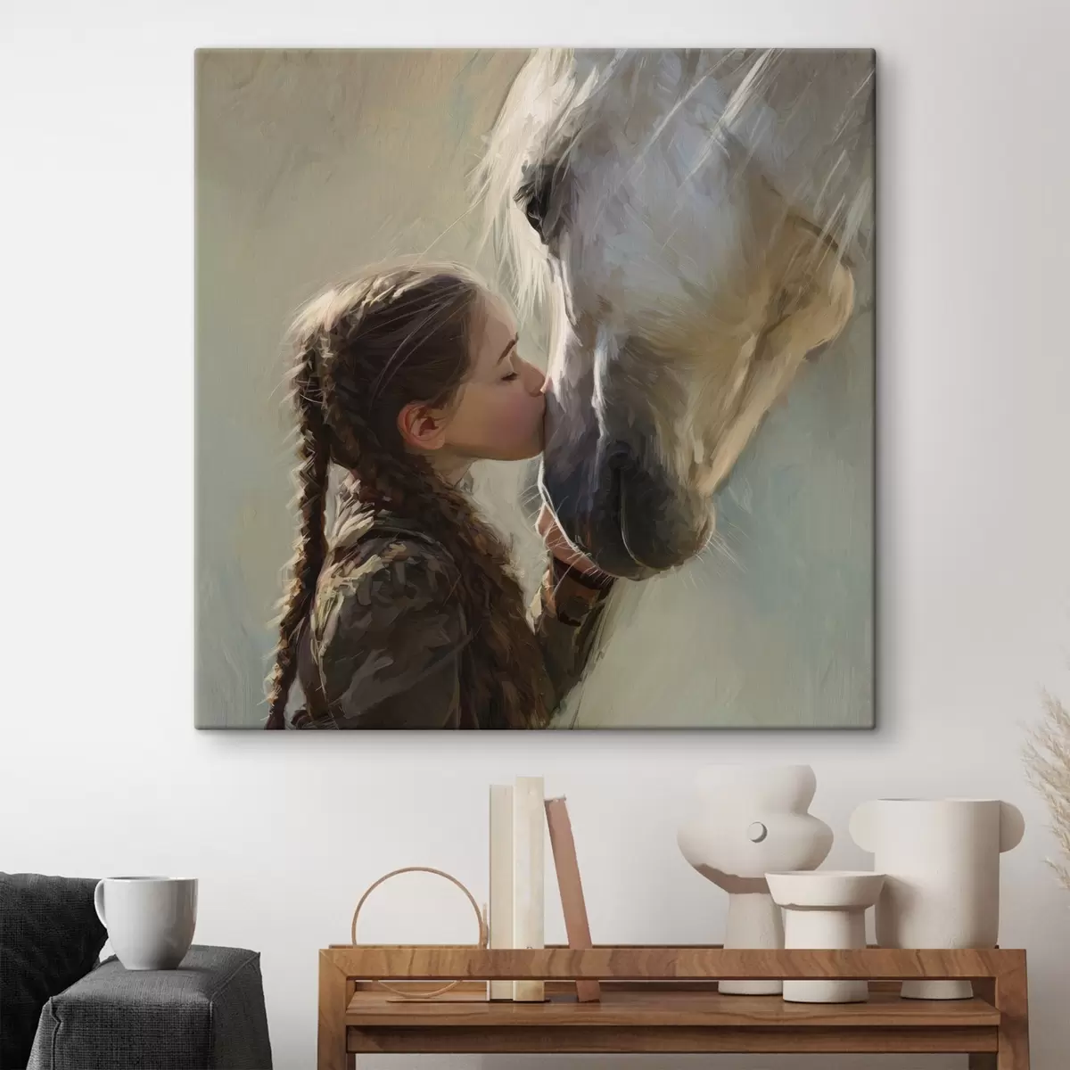 Tablouri fată sărutând un cal s45731