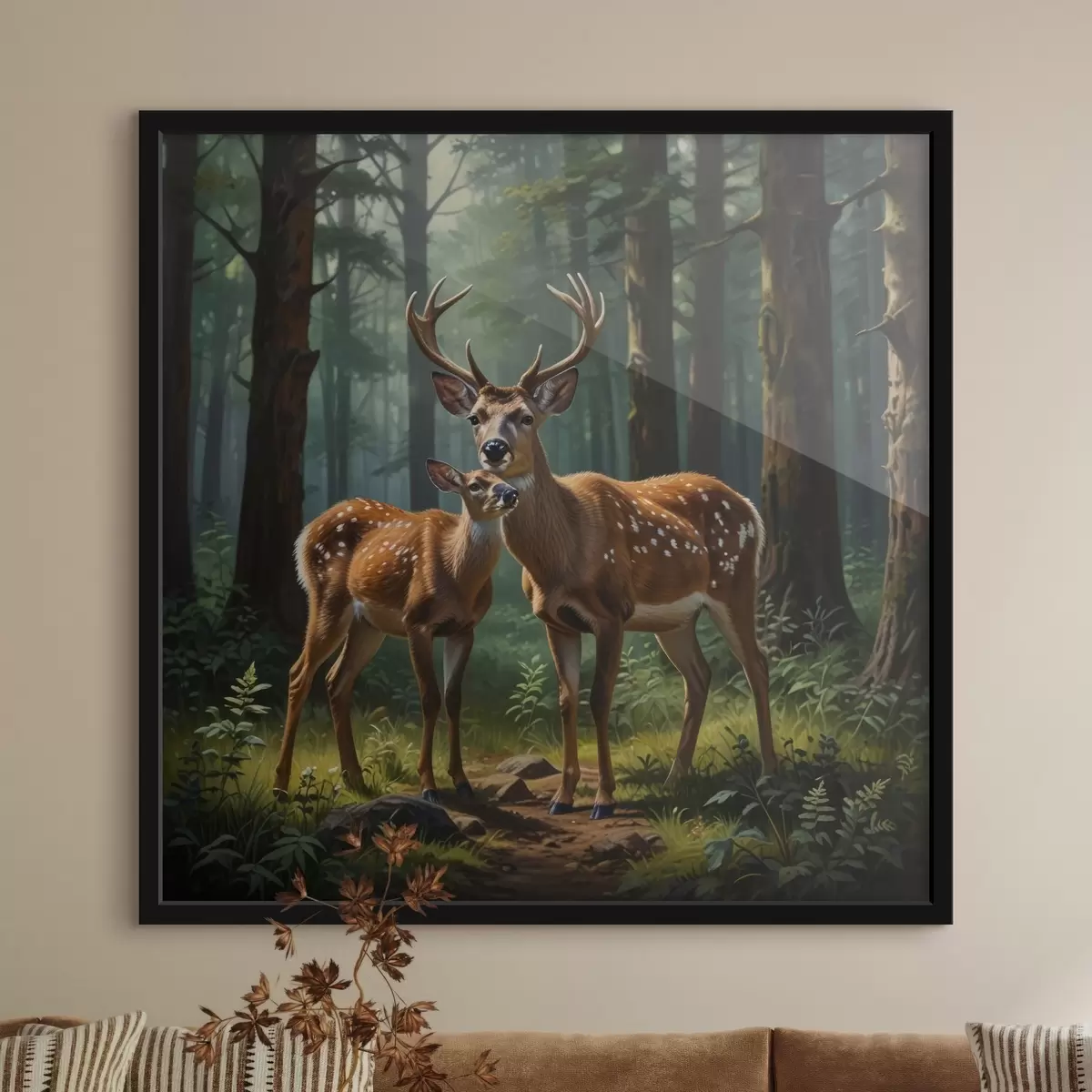 Poster cerb cu pui în pădure f45732