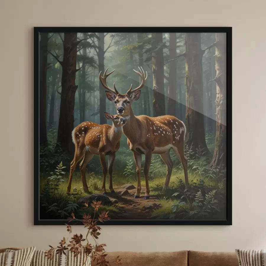 fototapet cerb cu pui în pădure f45732