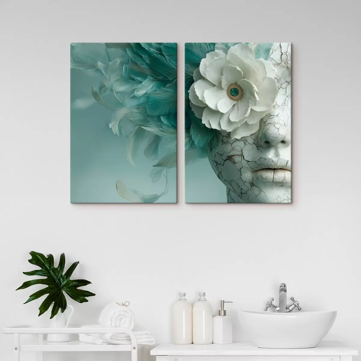 Tablouri fața de marmură a unei fete cu o floare și pene m00699