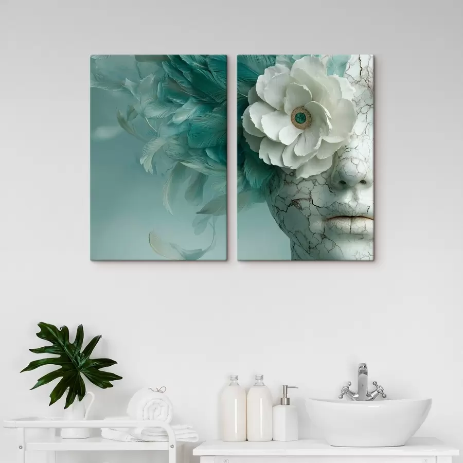 Tablouri fața de marmură a unei fete cu o floare și pene m00699