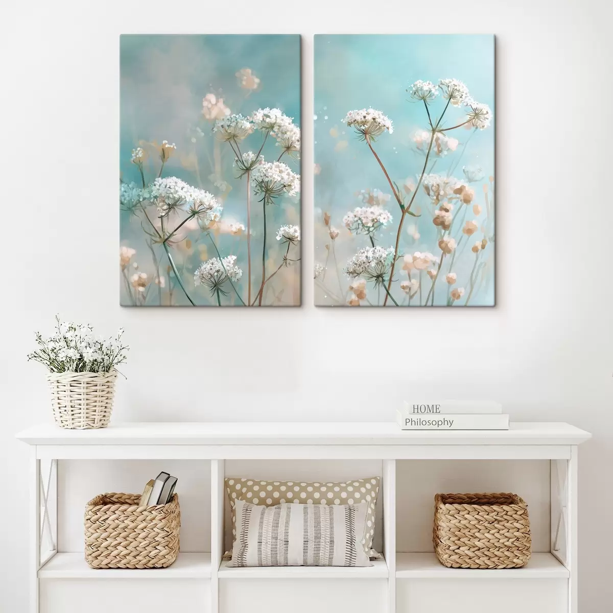 Tablouri Flori Queen Anne's Lace în stil acuarelă pe fundal albastru m00705