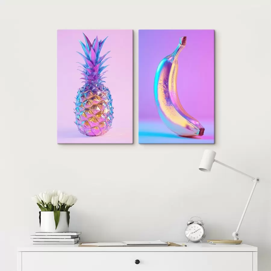 Tablouri ananas și banană strălucitoare și lucioase în stil pop art m00737