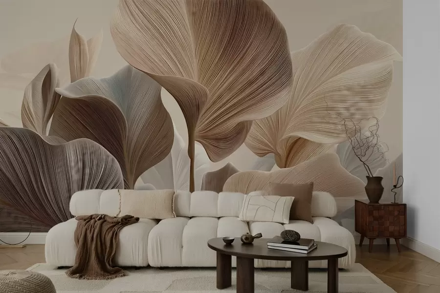 fototapet Frunze elegante de culoare bej, cu textură liniară fină w04549