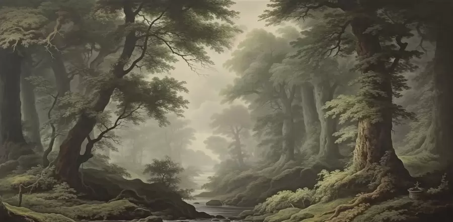 fototapet Pădure ceațoasă cu râu și copaci vechi înalți w04555