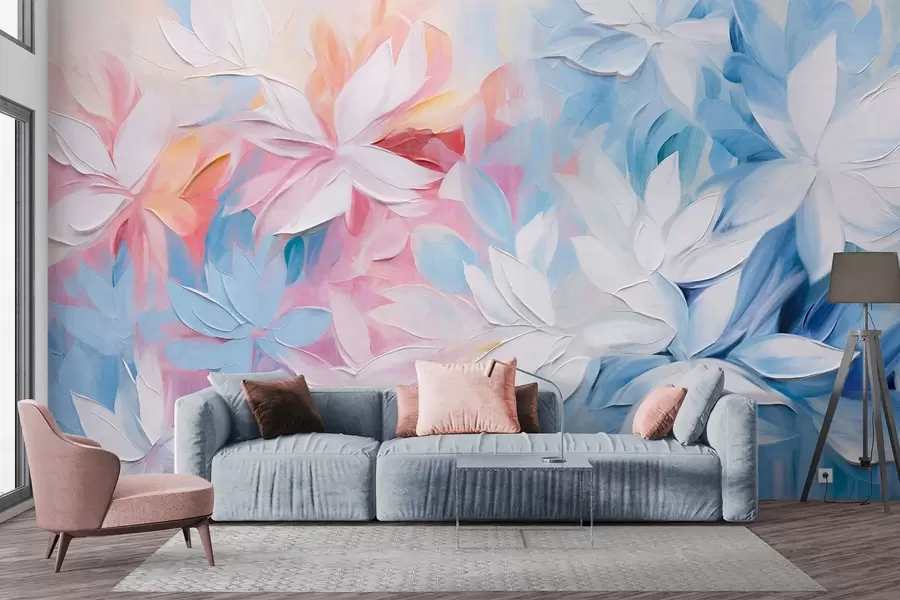 fototapet Flori albe texturate cu frunze roz și albastre, pictură în ulei în stil abstract, tușe moi, culori pastelate  w09396