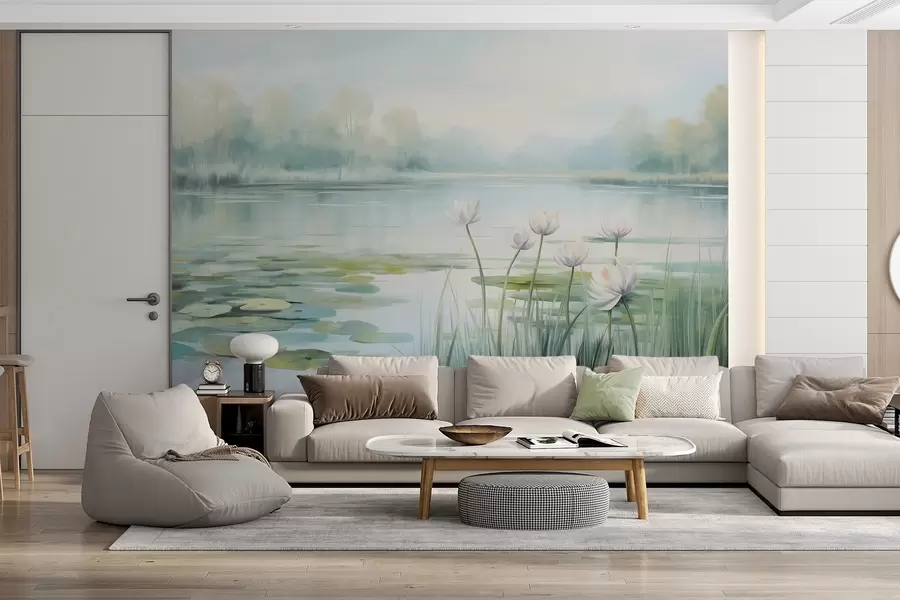 fototapet Peisaj cu un lac, nuferi și frunze de nufăr, copaci în fundal, într-un mediu calm, în tonuri de albastru deschis și verde w09395