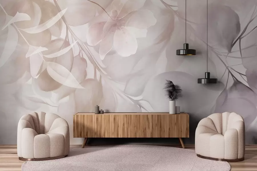 fototapet Artă florală cu flori, frunze și ramuri în nuanțe discrete de bej și maro, culori pastelate delicate, efect texturat de acuarelă w09397