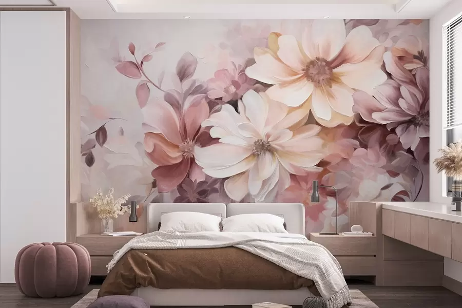 fototapet Un aranjament floral cu flori mari, texturate, în culori delicate, în nuanțe de burgund, piersic și alb, cu frunze delicate w09398