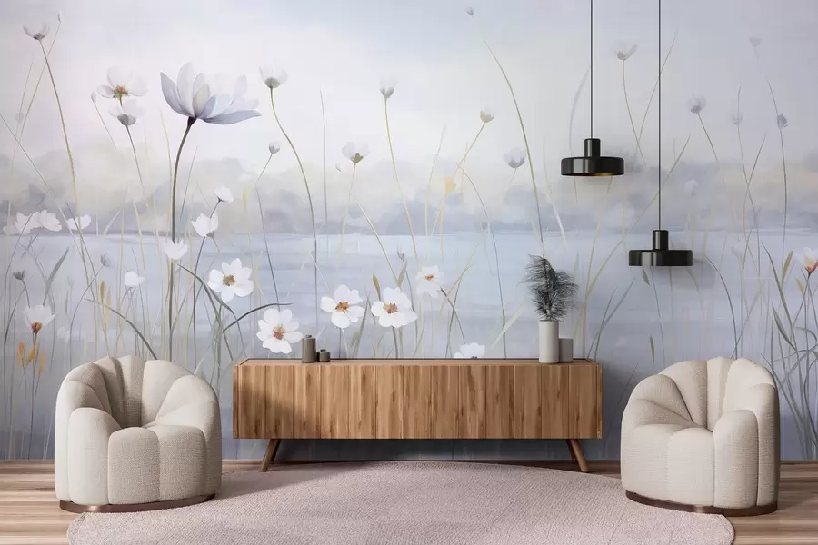 fototapet Flori albe cu tulpini lungi într-un câmp, cer albastru deschis, culori delicate, texturate, stil minimalist, inspirat din natură, fundal calm w09401