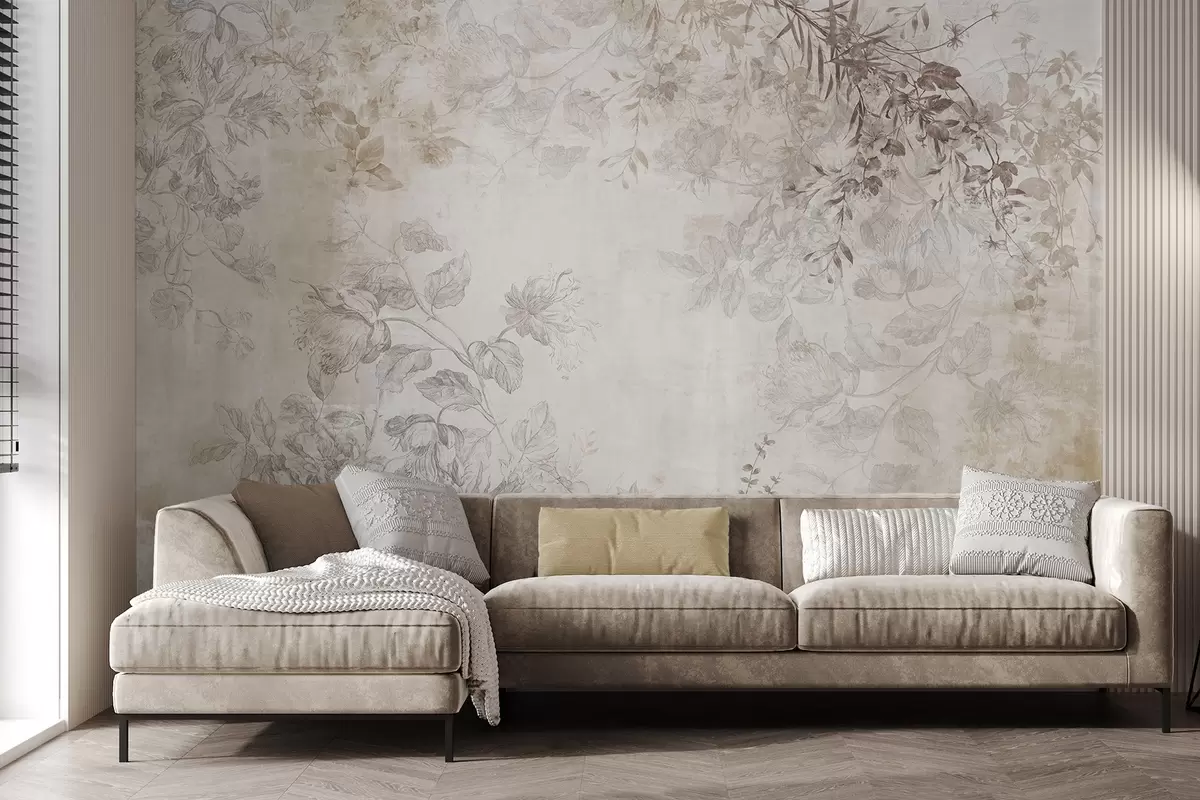 fototapet Artă florală vintage texturată, cu ilustrații delicate ale florilor și frunzelor din grădină, în stil desen, în tonuri pastelate delicate de bej și sepia w09402