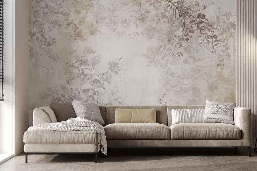 fototapet Artă florală vintage texturată, cu ilustrații delicate ale florilor și frunzelor din grădină, în stil desen, în tonuri pastelate delicate de bej și sepia w09402